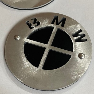 Pair of BMW 70 mm Bullymachine brushed aluminum tank badges
