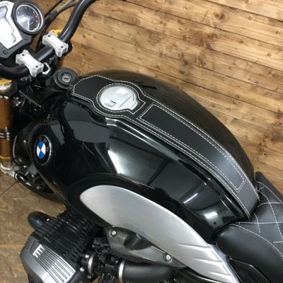 BMW R NineT Family tank band in black leather and white stitching